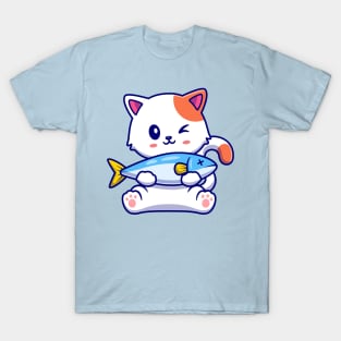 Cute Cat Holding Fish Cartoon T-Shirt